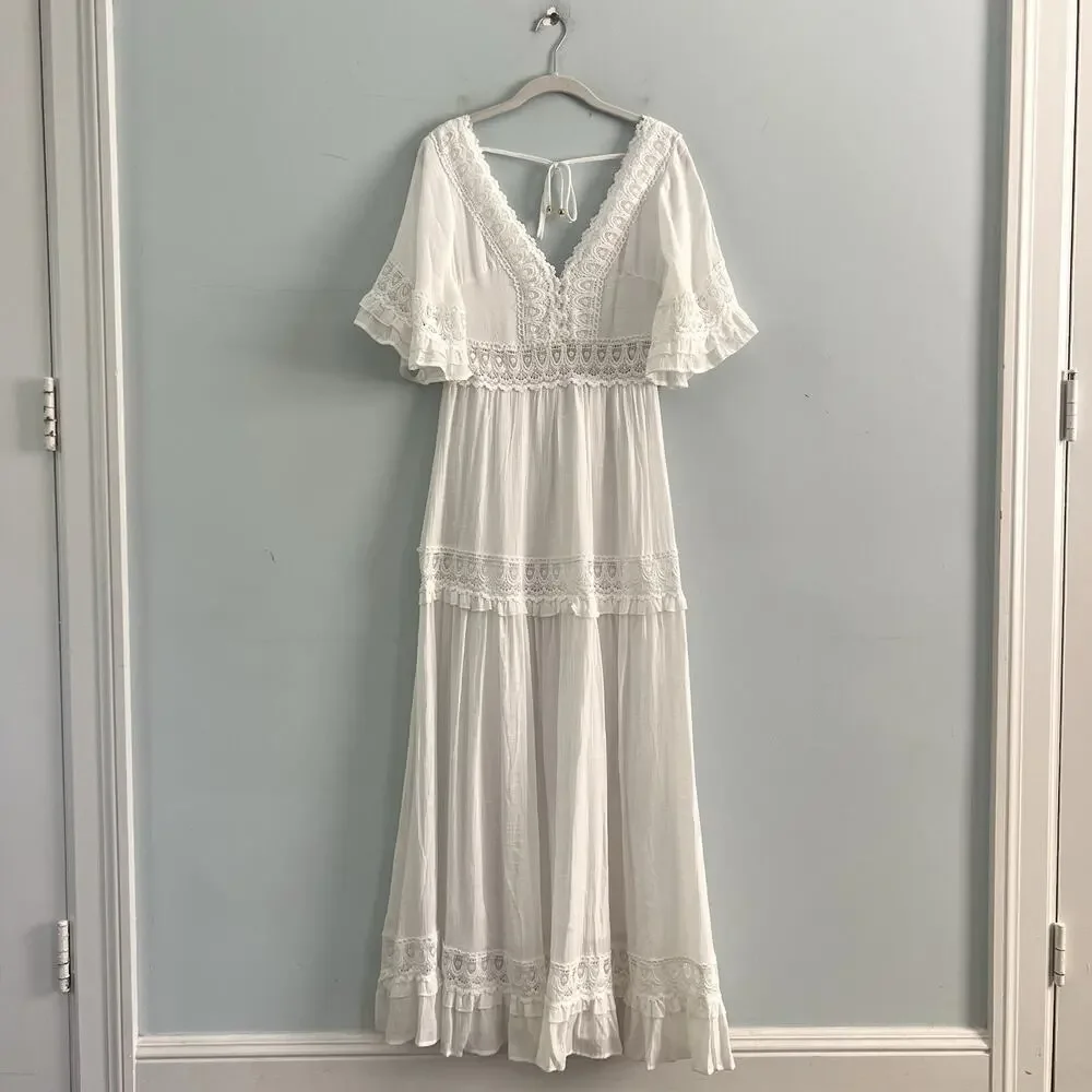 NWT BluIvy V Neck Lace Crochet Trim White Maxi Dress - Picture 2 of 6